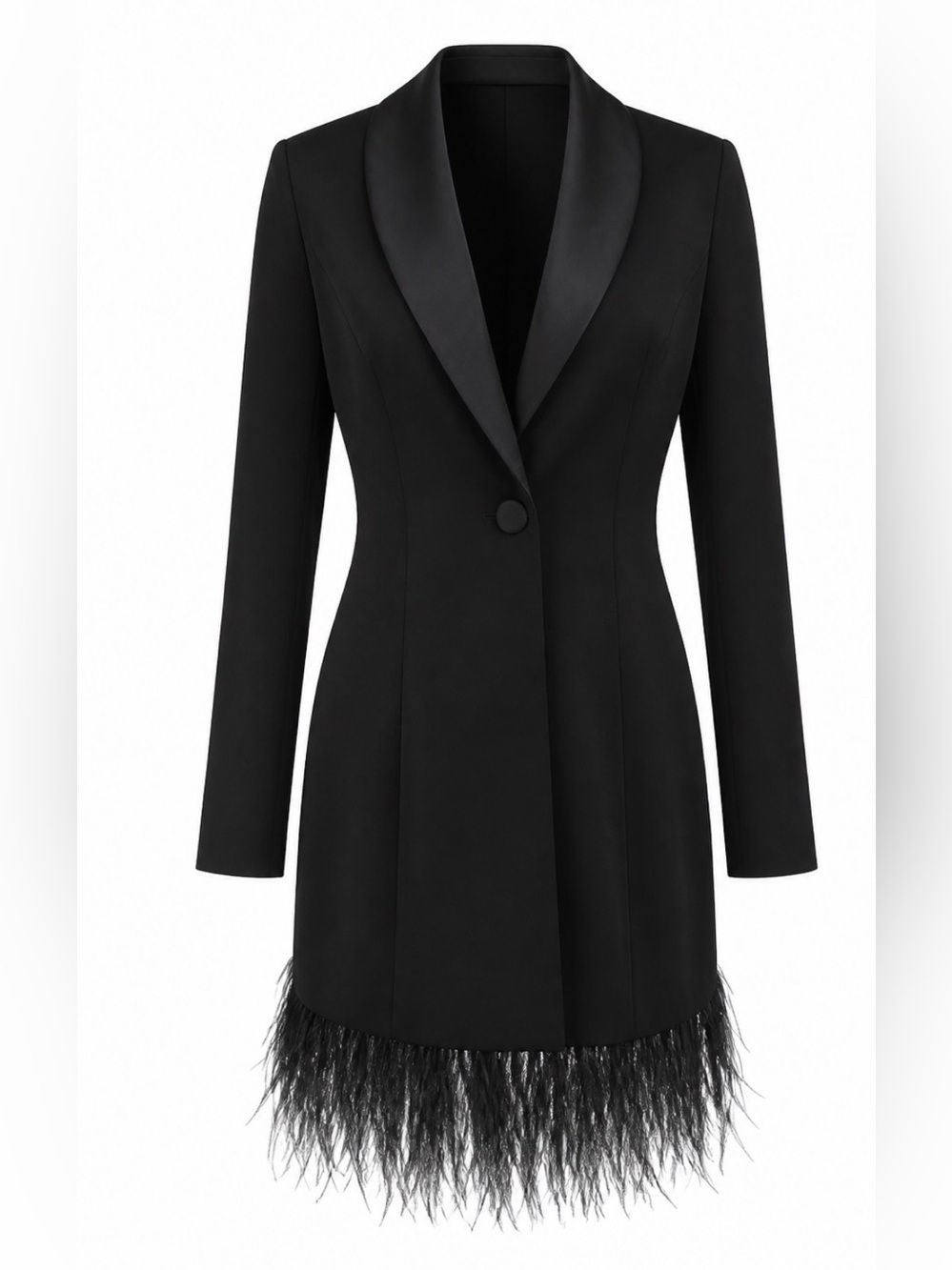 Ieena Mac Duggal Black‎ Ostrich Feather-Hem Long Blazer Jacket. Sz 2. NWT